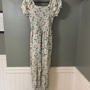 Sweet Honey Floral Smocked Puff Sleeve Jumpsuit in Cream and Yellow Size 6